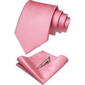 Men's Pink Colour Formal Necktie and Pocket Square Tie Clip Sets